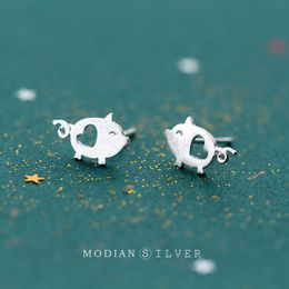 100% Real 925 Sterling Silver Animal Cute Small Pig With Heart Stud Earrings for Women Grils Jewellery Gift 210707