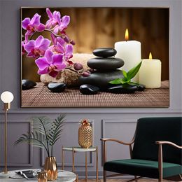 Modern Wall Art Spa Stones Zen Canvas Painting Candles Orchid Flower Poster Wall Pictures for Bathroom Decor Home Decor Cuadros