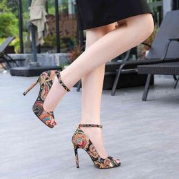 European And American Summer New Ethnic Design Fish Mouth Print Open-Toed Sandals Women's Sexy Catwalk Stiletto Shoes