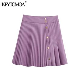 KPYTOMOA Women Chic Fashion Pleated Faux Leather Mini Skirt Vintage High Waist Snap Button Female Skirts Mujer 210310