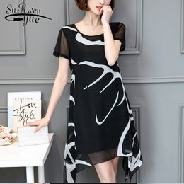 Fashion Plus Size 5XL Women Dress Casual Loose Print Stripe Chiffon Dress Black O-neck A-line Dress Women's Clothing 62B 30 210309