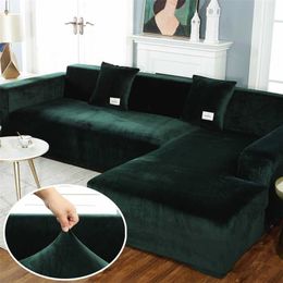 Elasticated Plush Sofa Covers for Living Room Velvet Corner Armchair Couch Pleads Cover Sets 2 and 3 Seater L Shape Furniture 211116