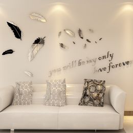 New DIY Feather Mirror Wall Stickers Large Size Decals Home Living Room Bedroom Decoration Bathroom Acrylic Wall Sticker Mural 210308