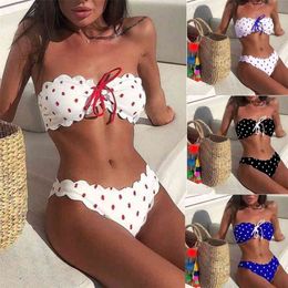 Sexy Polka Dot Bikini Women Two Piece White Push Up Outfit Floral Side Bathing Suit Brazilian Beach Wear Outfit Suit T200618