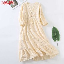 Tangada Women Beige Hollow Out Embroidery Romantic Dress V Neck Three Quarter Sleeve Females Midi Dresses Vestidos 6H63 210609