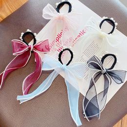 Women Elegant Pearls Chiffon Ribbon Bow Scrunchie Tie Sweet Hair Decorate Scrunchie Hair TieFashion Hair Accessories