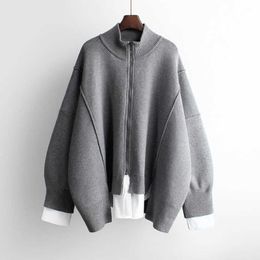 IHOBBY Fake Two Pieces Zipper Sweater Large Size Stand Collar Shirt Patchwork Spring Oversized Knitwear Jacket 211014