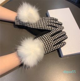 fashion Vintage Plush Ball Gloves Letter Wool Mittens Plus Velvet Plaid Glove Ladies Winter Mitten