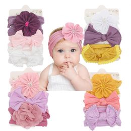 3Pcs/Set Infant Kids Fold Floral with Pearl Headbands Chiffon Knot Newborn Hair Band Baby Girls Birthday Photo Props