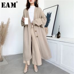 [EAM] Grey Big Size Long Knitting Cardigan Sweater Loose Fit V-Neck Long Sleeve Women Fashion Autumn Winter Y204 210805
