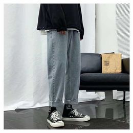 Retro Blue Gray Baggy Men Jeans Cool Boy Casual Elastic Waist Pants Wide Leg Long Street Style Hip Hop Fashion Youth Brand 211111