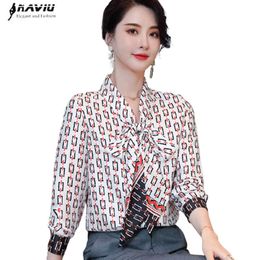 Bow Shirt Women Spring Long Sleeve Fashion Temperament Printed Bottoming Chiffon Blouses Office Ladies Loose Work Tops 210604