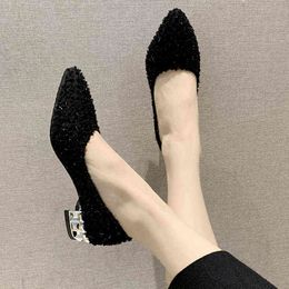 Dress Shoes Plus Size Ol Office Lady Shoes Faux Fur Insole Pumps Bling Woman Dress Shoe Pointed Toe Silver Heels Basic Pumps Low Heels 7894N 220309