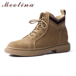 Meotina Winter Real Leather Ankle Boots Women Cow Suede Flat Short Boots Lace Up Round Toe Shoes Ladies Autumn Black Size 34-39 210608