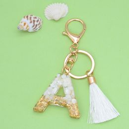 New Style White Tassel Letter Keychain Gold Foil Crystal Glue Fashion 26 English letter Pendant Charms small gift for couple G1019