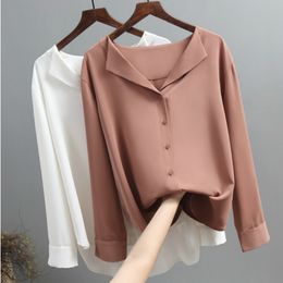 Blouses Woman Long Sleeve Chiffon Blouse Women Shirts Top Female Solid White Brown V-neck Office Ladies Tops Blusas A296 210225