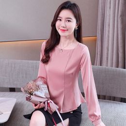 Korean Silk Women Blouses Shirts Lantern Sleeve Shirt Woman Satin Blouse Tops Plus Size Ruffles Top XXL 210604