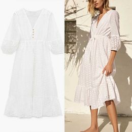 ZA Openwork Embroidered Summer Dress Women Puff Sleeve Adjustable Drawstring Waist White Party Dresses Lining Vestidos 210602