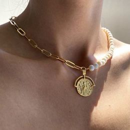 Justine Clenquet Natürliche Perlenkette Spleißen Goldmünze Anhänger Damen Halskette Mode Persönlichkeit Festival Geschenk