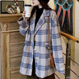Vintage Fashion Long Sleeve Plaid Jacket Women Winter Suit Collar Outerwear Korean Coat Female Casual Office Chic Tops 210604