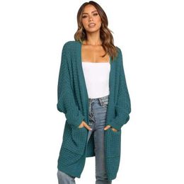 y2k Women's Knit Cardigan Kimono Long Sleeve Bat Sleeve Front Loose Cardigan Coarse Sweater with Pocket 2021 Y0825