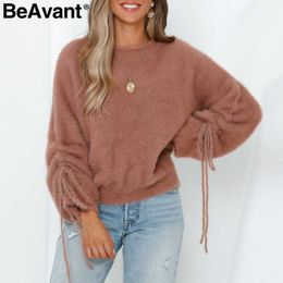 BeAvant O-neck soft mohair pullover sweater Women drawstring drop sleeve sweaters Casual streetwear knitted jumpers female tops 210709