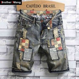 Brand Men's Retro Style Ripped Denim Shorts Summer Fashion Casual Hole Patch Jean Shorts Male Brand Clothes 210720