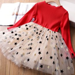 Sweet Girls Autumn Winter Long Sleeve Dress Knitted Stars Sequins Tulle Tutu Dress Children Holiday Birthday Party Casual Wear Q0716