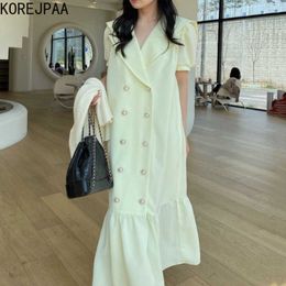 Korejpaa Women Dress Summer Korean Chic Ladies French Elegant Lapel Trim Contrast Double-Breasted Loose Mermaid Vestidos 210526