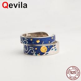 Qevila 925 Silver Jewelry Van Gogh s Starry Sky Moon Adjustable For Women Lover Men Ring Romantic Gifts