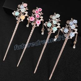 Chinese Style Hairpins Chopsticks Metal Rhinestone Hair Stick Women Tassels Flower Headpiece Hairpin Hair Jewellery Accessories