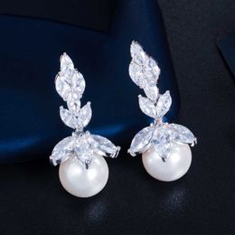 Top Quality Bling Marquise Cut Cubic Zirconia Stone Big Wedding Party Pearl Drop Earrings Jewelry for Women CZ131 210714