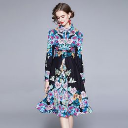 spring Summer Fashion Designer Elegant Dres Long Sleeve turn down Collar Flower Print Pleated casual 210531