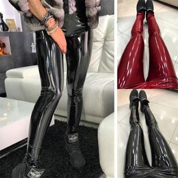Qickitout Sexy Elastic Stretch Skinny Pants Women High Waist Push Up Leather Black Leggings Jeggings 220311