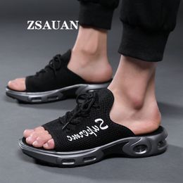 ZSAUAN New Tide Platform Casual Men Slippers Black Mesh Leisure Young Men's Cushion Sandals Height Increase 4 CM Elevator Shoes 210301