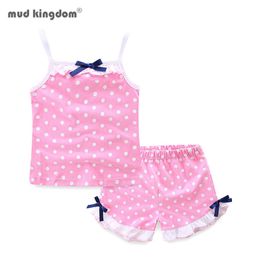 Mudkingdom Summer Girls Pajamas Set Cotton Lace Cute Polka Dots Ruffle Girl Outfit Camisole Kids Clothing Shorts 210615