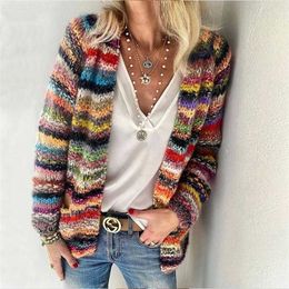Women Elegant Multicolor Print Knitted Cardigans Sweater Autumn Winter Long Sleeve Coat Tops Ladies Casual Pocket Sweaters 211011