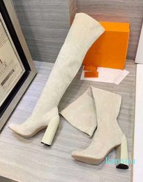 Fashion Brand Womens Thigh-High Boots Martin Chunky High Heel 10.5CM Pointed Toes 22 inch Stretch suede Booties