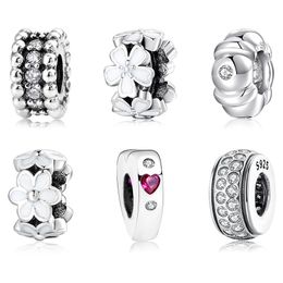 Fit Original LYNACCS Charm Bracelet Fashion 925 Sterling Silver White Enamel Flower CZ Spacer Beads for Jewellery making Q0531