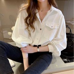 Blouses Shirts Women Spring Pockets Long Sleeve Fashion Solid Korean Style Loose Students Chic Womens Vintage Street Elegant 210708