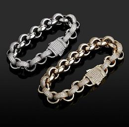 14K Gold Plated 12MM Wide Thick Round Roll Link Chain Bracelet 8" Long Diamond Cubic Zirconia Hiphop Jewellery