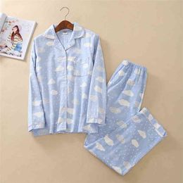 JULY'S SONG Woman Cotton Printing Pyjamas Long Sleeve's Trousers Set Casual Large Size Soft Sleepwear Suit 210809