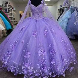 Abiti Quinceanera viola glitterato Cinturino per spaghetti con involucro Abiti da 15 dolci 2022 Abiti con perline di fiori 3D 16 Abiti da ballo di fine anno