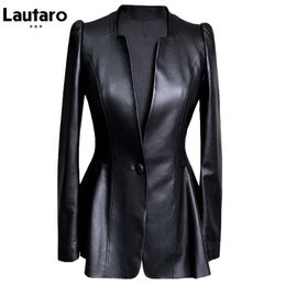 Lautaro Autumn Black Slim Soft Pu Leather Jacket Women Deep V Neck Long Puff Sleeve Elegant Luxury Skirted Blazer Fashion 211007
