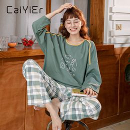 Caiyier höst vinter bomull tecknad pyjamas uppsättning bomull långärmad topp + lång byxa kvinna sovkläder söt fritid homewear kvinnliga 210305