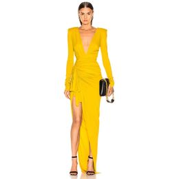 Ocstrade Bandage Dress Sexy Deep V Neck Yellow Bodycon Autumn Women Long Sleeve Club Evening Party 210527