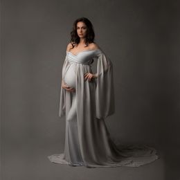 Sexy V neck Pregnancy Dresses Maternity Shoot Dress Photography Pregnant Women Maxi Maternity Gown Photo Props Grey Orange