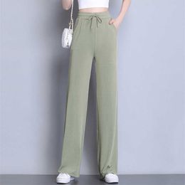 Summer Streetwear silk Loose Wide Leg Pants Women Casual Elastic High Waist Baggy Knitted Trousers Elegant Soft sweatpants Q0801