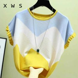 summer oversize sweater pullover short sleeve o neck patchwork knitting thin sweater casual female jumper 210604