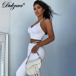 Dulzura solid women two piece set gym tanks drawstring halter ruched leggings hollow out bodycon sexy streetwear matching sporty Y0625